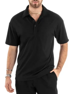 Polo Uomo Tinta Unita Costine Tinta Unita Nera Colletto Manica Corta Casual GIOSAL-TS2875A