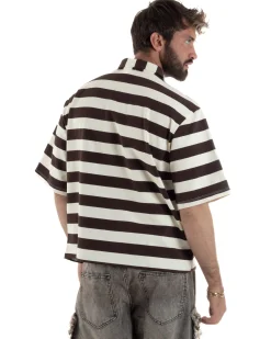 Polo uomo t-shirt boxy crop con zip righe larghe panna marrone GIOSAL-TS3256A