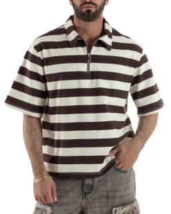 Polo uomo t-shirt boxy crop con zip righe larghe panna marrone GIOSAL-TS3256A