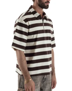 Polo uomo t-shirt boxy crop con zip righe larghe panna marrone GIOSAL-TS3256A