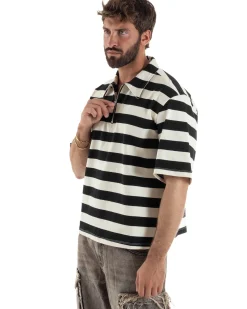 Polo uomo t-shirt boxy crop con zip righe larghe panna nero GIOSAL-TS3257A