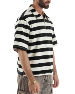 Polo uomo t-shirt boxy crop con zip righe larghe panna nero GIOSAL-TS3257A