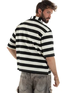 Polo uomo t-shirt boxy crop con zip righe larghe panna nero GIOSAL-TS3257A