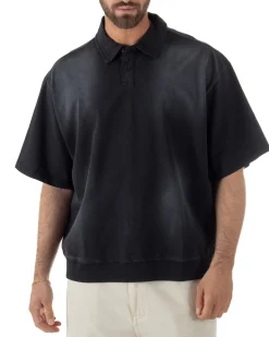 Polo uomo t-shirt oversize boxy fit washed maglia colletto nero GIOSAL-TS3213A