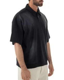 Polo uomo t-shirt oversize boxy fit washed maglia colletto nero GIOSAL-TS3213A