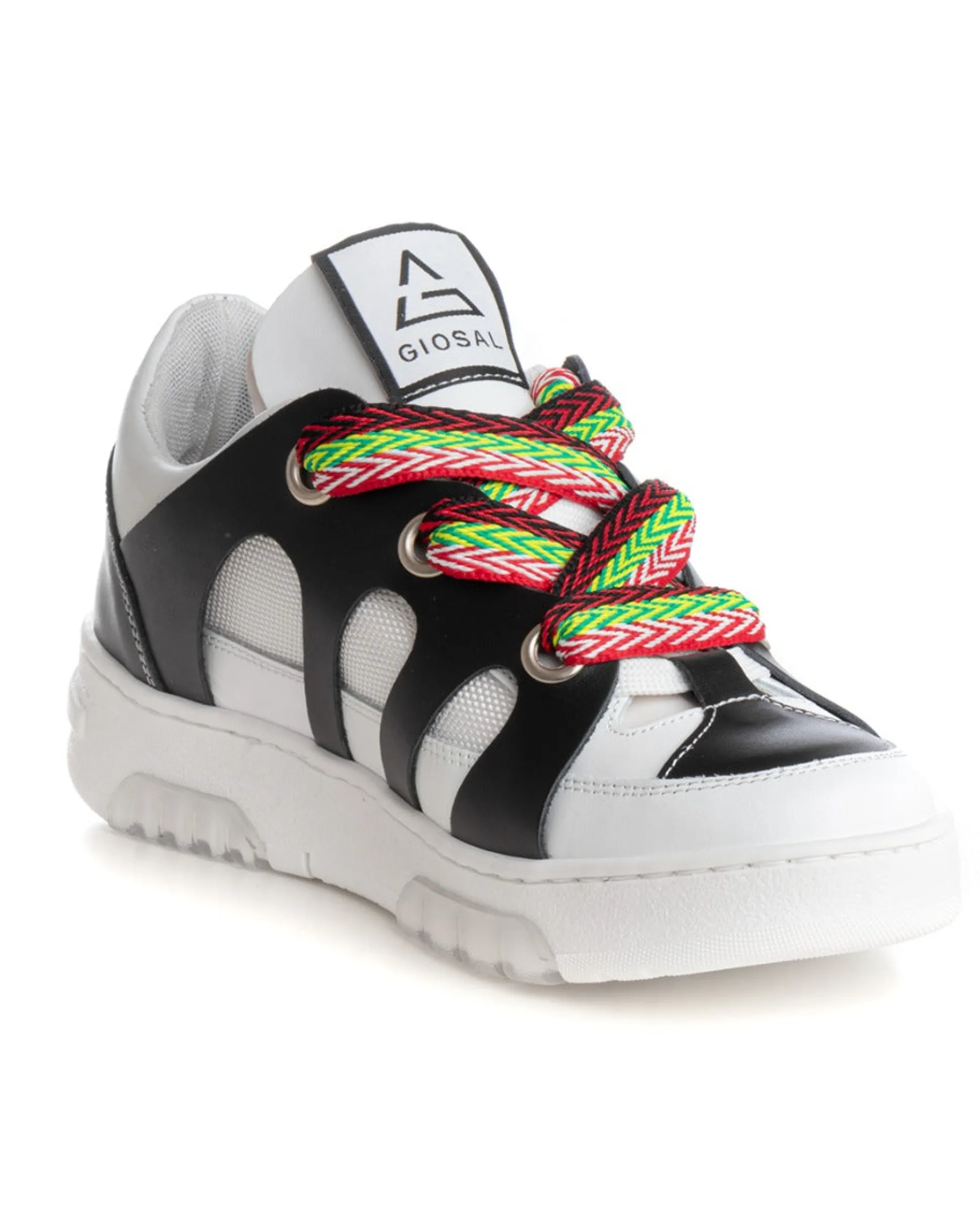 Scarpe Uomo Sneakers Ecopelle Bianco Nero Lacci Colorati Casual Sportive GIOSAL-S1228A