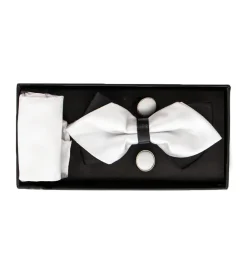 Set Papillon Gemelli Pochette Uomo Unisex Doppio Fiocco Bianco Nero Elegante Elegante Cerimonia GIOSAL-CP1080A