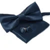 Set Pochette Papillon Gemelli Uomo Unisex Elegante Classico Cerimonia Tinta Unita Blu Scuro GIOSAL-CP1130A
