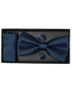 Set Pochette Papillon Gemelli Uomo Unisex Elegante Classico Cerimonia Tinta Unita Blu Scuro GIOSAL-CP1130A