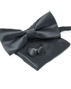 Set Pochette Papillon Gemelli Uomo Unisex Elegante Classico Cerimonia Tinta Unita Grigio Scuro GIOSAL-CP1128A