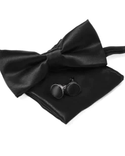 Set Pochette Papillon Gemelli Uomo Unisex Elegante Classico Cerimonia Tinta Unita Nero GIOSAL-CP1127A