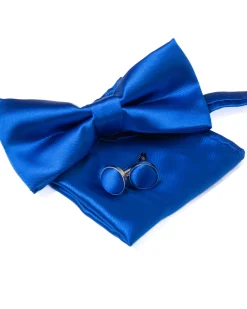 Set Pochette Papillon Gemelli Uomo Unisex Elegante Classico Cerimonia Tinta Unita Blu Royal GIOSAL-CP1125A