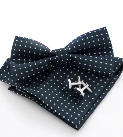 Set Pochette Papillon Gemelli Uomo Unisex Blu Scuro Elegante Classico Fantasia Pois Cerimonia GIOSAL-CP1122A