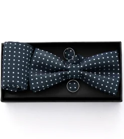 Set Pochette Papillon Gemelli Uomo Unisex Blu Scuro Elegante Classico Fantasia Pois Cerimonia GIOSAL-CP1122A