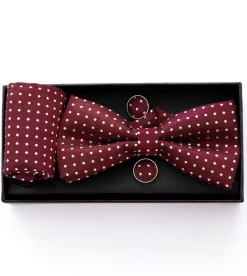Set Pochette Papillon Gemelli Uomo Unisex Elegante Cerimonia Pois Bordeaux GIOSAL-CP1051A