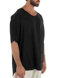 T-shirt casacca uomo lino girocollo over fit sfrangiata nero GIOSAL-TS3281A