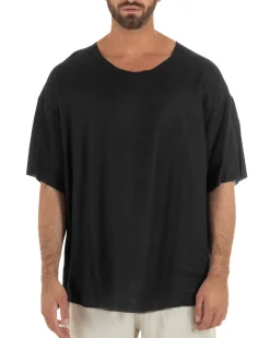 T-shirt casacca uomo lino girocollo over fit sfrangiata nero GIOSAL-TS3281A