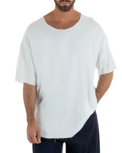 T-shirt casacca uomo lino girocollo over fit sfrangiata bianco GIOSAL-TS3282A