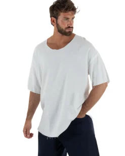 T-shirt casacca uomo lino girocollo over fit sfrangiata bianco GIOSAL-TS3282A