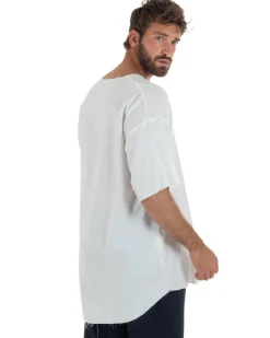 T-shirt casacca uomo lino girocollo over fit sfrangiata bianco GIOSAL-TS3282A