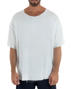 T-shirt casacca uomo lino girocollo over fit sfrangiata bianco GIOSAL-TS3282A