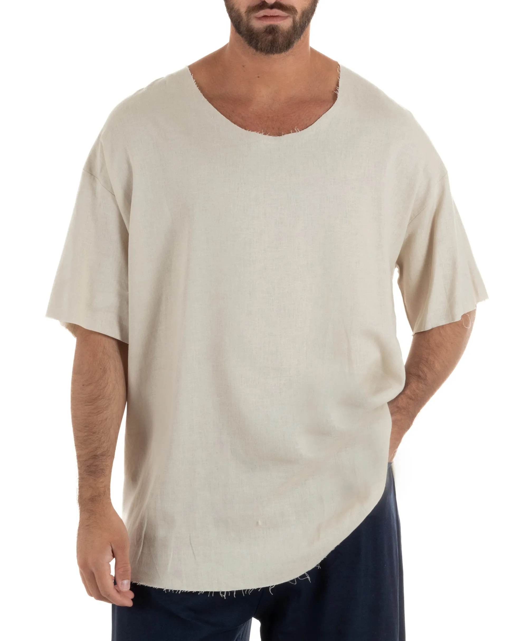 T-shirt casacca uomo lino girocollo over fit sfrangiata beige GIOSAL-TS3283A