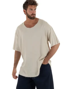 T-shirt casacca uomo lino girocollo over fit sfrangiata beige GIOSAL-TS3283A