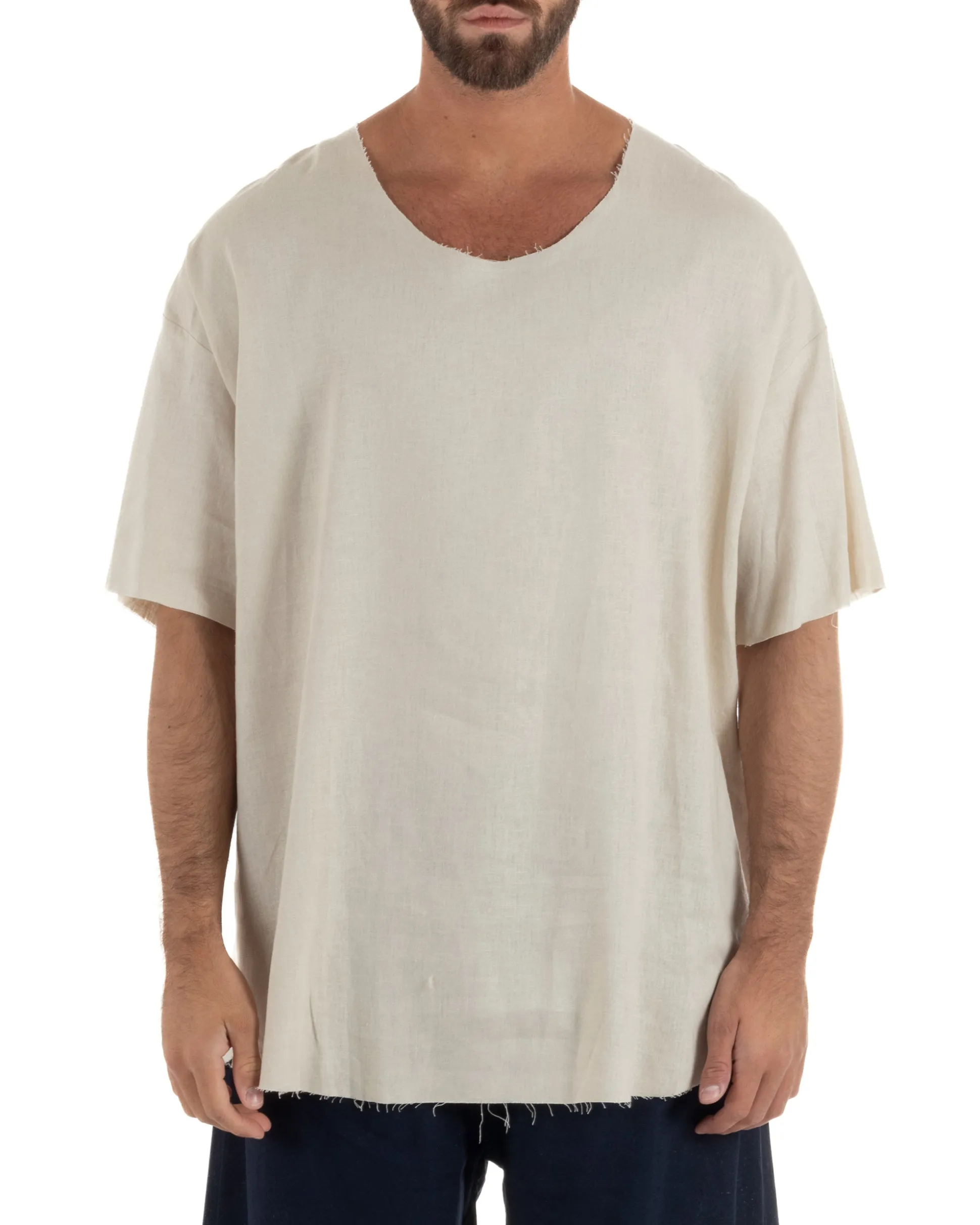 T-shirt casacca uomo lino girocollo over fit sfrangiata beige GIOSAL-TS3283A