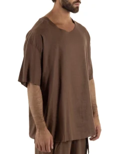 T-shirt casacca uomo lino girocollo over fit sfrangiata marrone GIOSAL-TS3284A