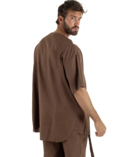 T-shirt casacca uomo lino girocollo over fit sfrangiata marrone GIOSAL-TS3284A
