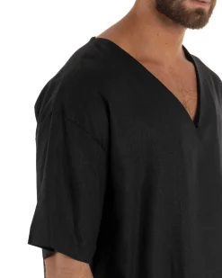 T-shirt casacca uomo lino over fit con scollo a v profondo nero GIOSAL-TS3279A