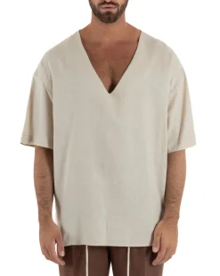 T-shirt casacca uomo lino over fit con scollo a v profondo beige GIOSAL-TS3278A
