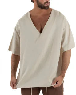 T-shirt casacca uomo lino over fit con scollo a v profondo beige GIOSAL-TS3278A