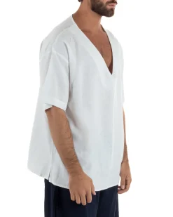 T-shirt casacca uomo lino over fit con scollo a v profondo bianco GIOSAL-TS3280A