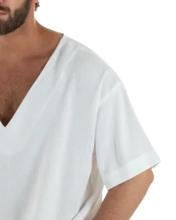 T-shirt casacca uomo lino over fit con scollo a v profondo bianco GIOSAL-TS3280A