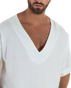 T-shirt casacca uomo lino over fit con scollo a v profondo bianco GIOSAL-TS3280A