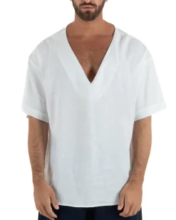 T-shirt casacca uomo lino over fit con scollo a v profondo bianco GIOSAL-TS3280A