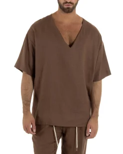 T-shirt casacca uomo lino over fit con scollo a v profondo marrone GIOSAL-TS3277A