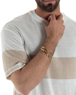 T-Shirt filo uomo girocollo rigata bicolore beige bianco BlackSunday-TS3255A