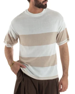 T-Shirt filo uomo girocollo rigata bicolore beige bianco BlackSunday-TS3255A