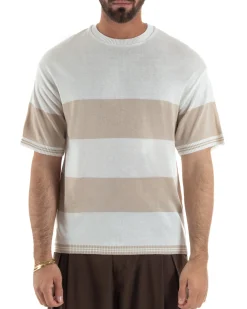 T-Shirt filo uomo girocollo rigata bicolore beige bianco BlackSunday-TS3255A