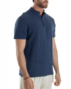 T-shirt Serafino Taglio Vivo Collo Coreano Sfrangiato Blu GIOSAL-TS3140A