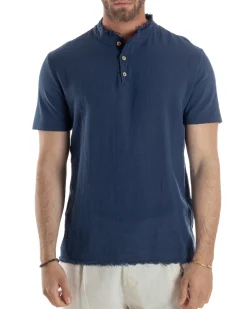 T-shirt Serafino Taglio Vivo Collo Coreano Sfrangiato Blu GIOSAL-TS3140A