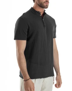T-shirt Serafino Taglio Vivo Collo Coreano Sfrangiato Nero GIOSAL-TS3143A