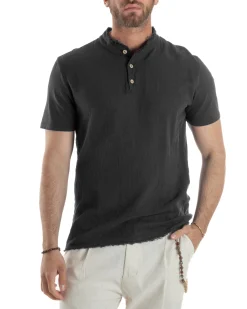 T-shirt Serafino Taglio Vivo Collo Coreano Sfrangiato Nero GIOSAL-TS3143A