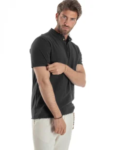 T-shirt Serafino Taglio Vivo Collo Coreano Sfrangiato Nero GIOSAL-TS3143A