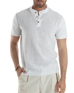 T-shirt Serafino Taglio Vivo Collo Coreano Sfrangiato Bianco GIOSAL-TS3142A