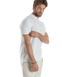 T-shirt Serafino Taglio Vivo Collo Coreano Sfrangiato Bianco GIOSAL-TS3142A