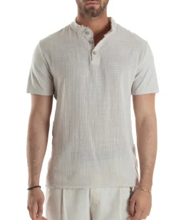 T-shirt Serafino Taglio Vivo Collo Coreano Sfrangiato Beige GIOSAL-TS3139A