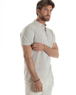 T-shirt Serafino Taglio Vivo Collo Coreano Sfrangiato Beige GIOSAL-TS3139A